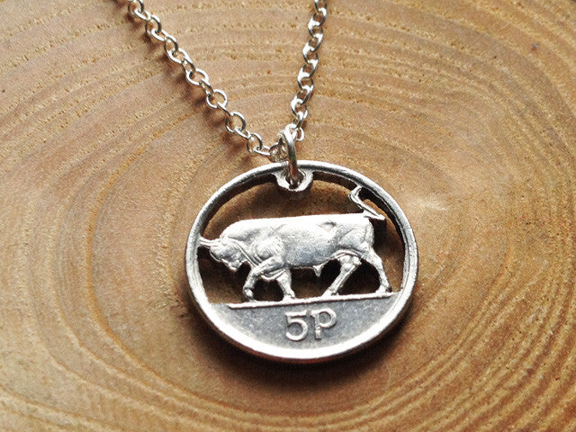 Handcut Irish coin "Bull" necklace (5p)