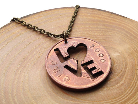 Handcut coin 'LOVE' necklace